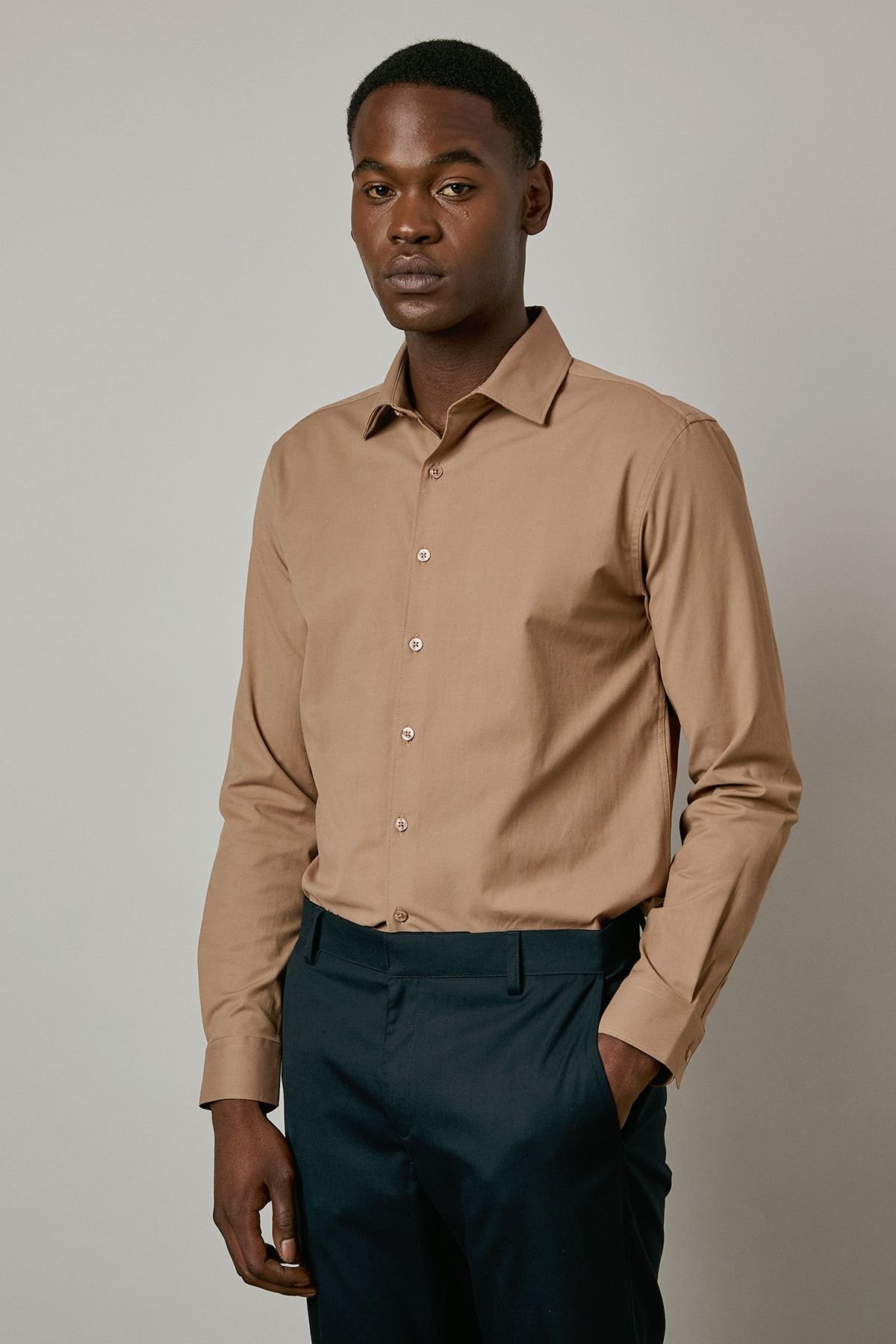 Burton Burton Men's Tan Easy Iron Slim Fit Long Sleeve Shirt - 2