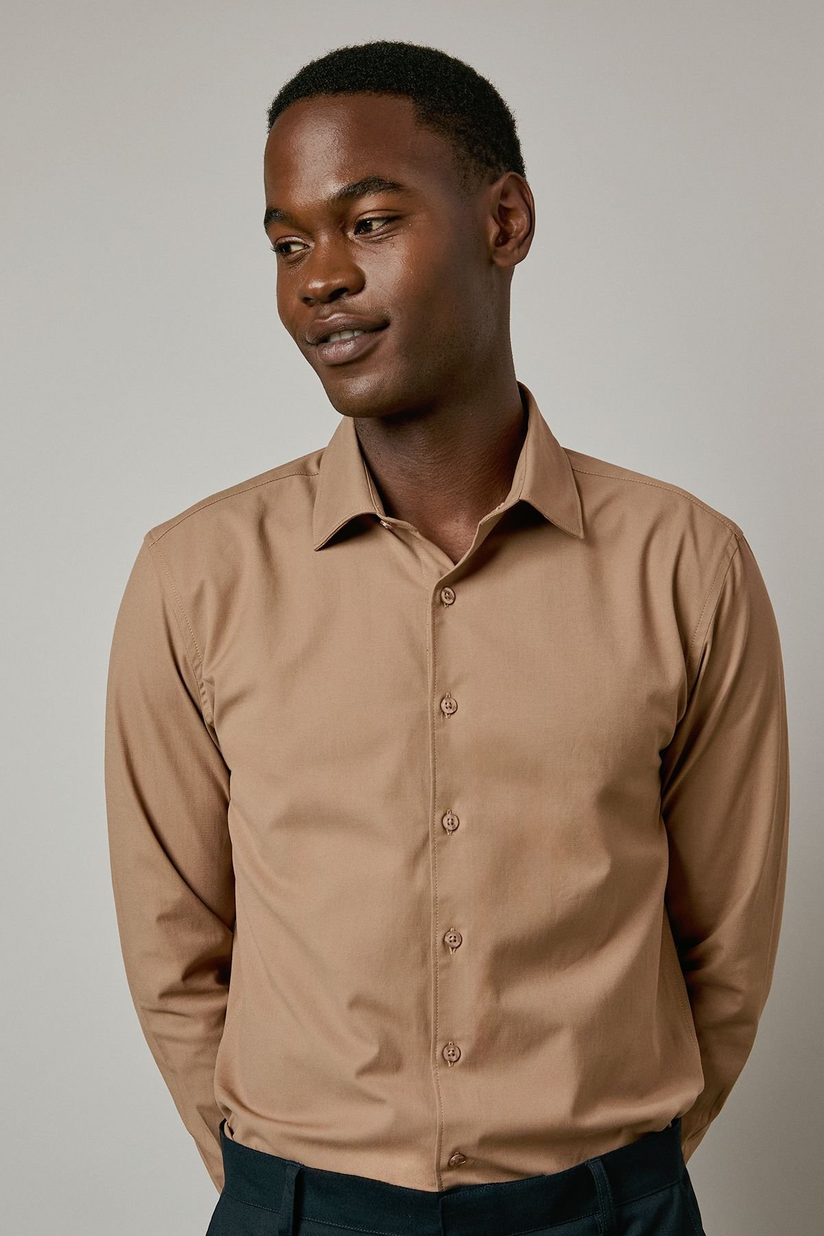 Burton Burton Men's Tan Easy Iron Slim Fit Long Sleeve Shirt - 3