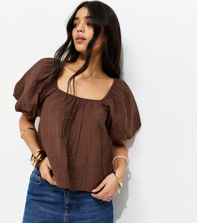 New Look Women's Dark Brown Square Neck Puff Sleeve Blouse New Look - 3