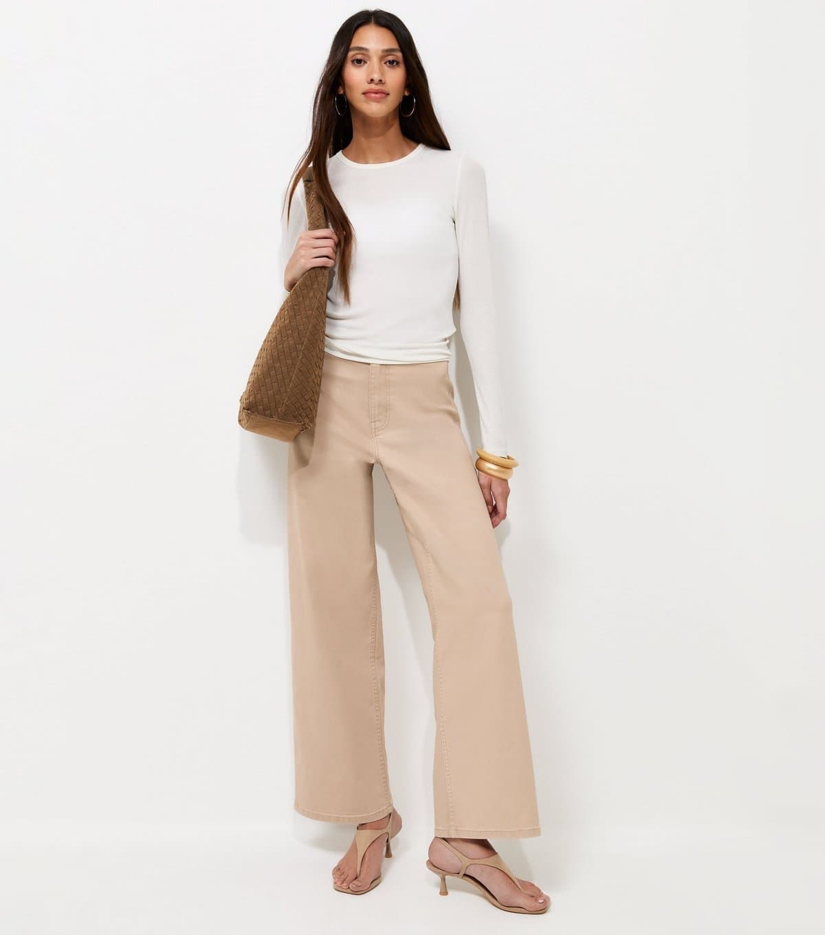 New Look Women's Stone High Waist Stretch Denim Wide Leg Jeans New Look
