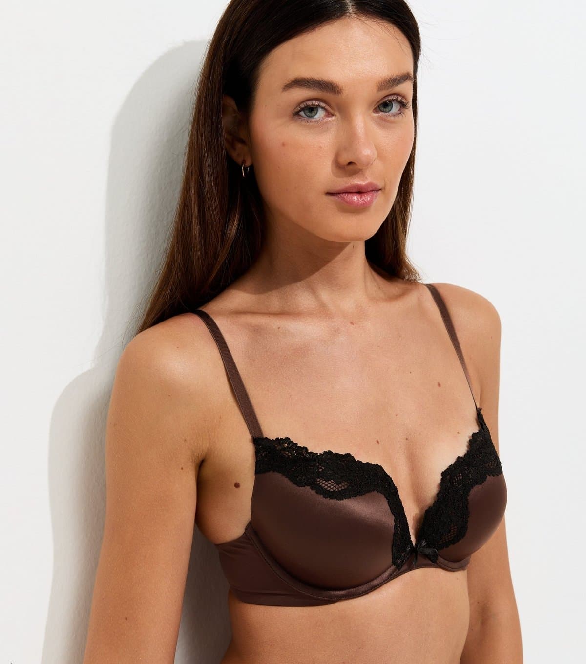 New Look Women's Dark Brown Satin & Lace Plunge Bra New Look