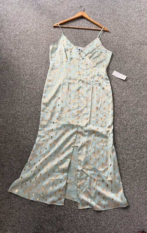Never Fully Dressed Turquoise Gold Foil Long Dress Size 16
