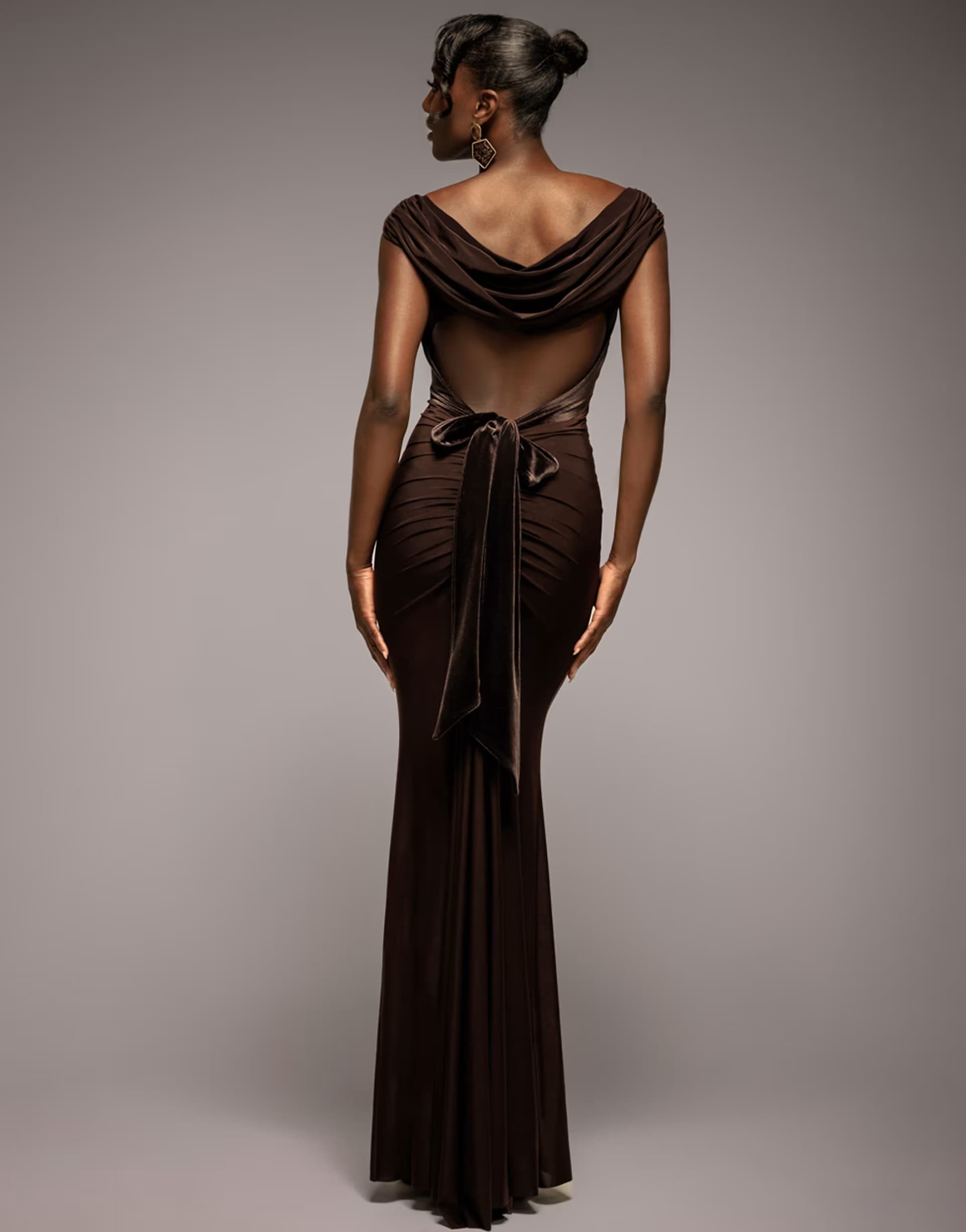 ASOS Goddiva Open back cowl neck gathered maxi dress with velvet tie back in brown
