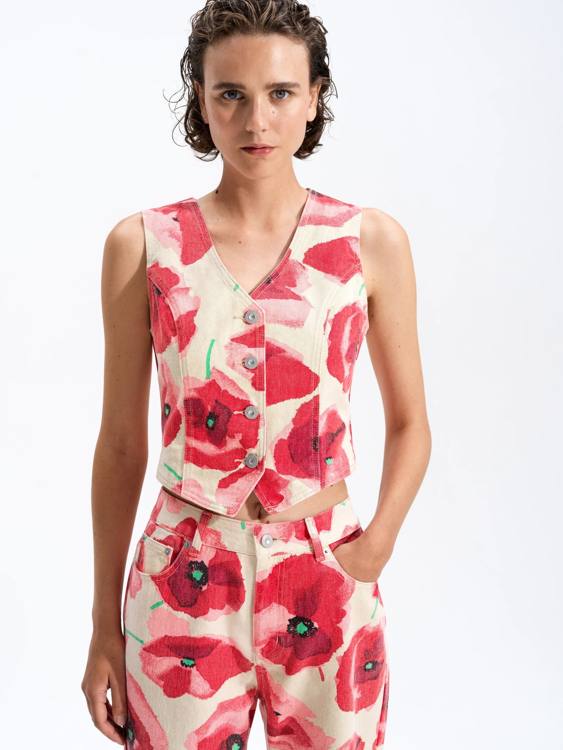 French Connection Poppy Dallas Printed Denim Waistcoat Red Multi