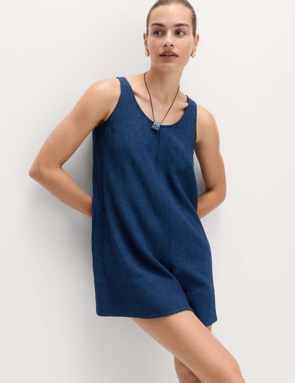 Marks & Spencer M&S Linen Rich Tie Detail Sleeveless Volume Playsuit Dark Indigo