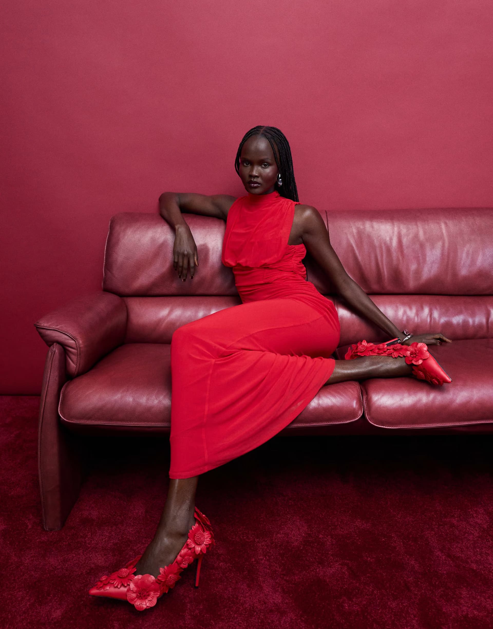 ASOS ASOS DESIGN mesh sleeveless highneck maxi dress with sculpting gauged panel in red