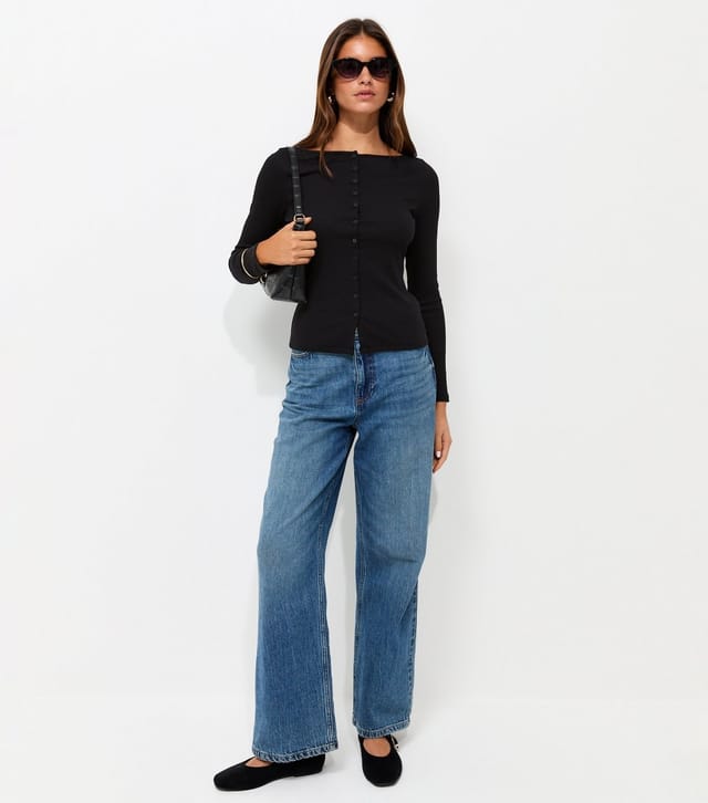 New Look Women's Black Rib Button Through Slash Neck Long Sleeve Top New Look - 2