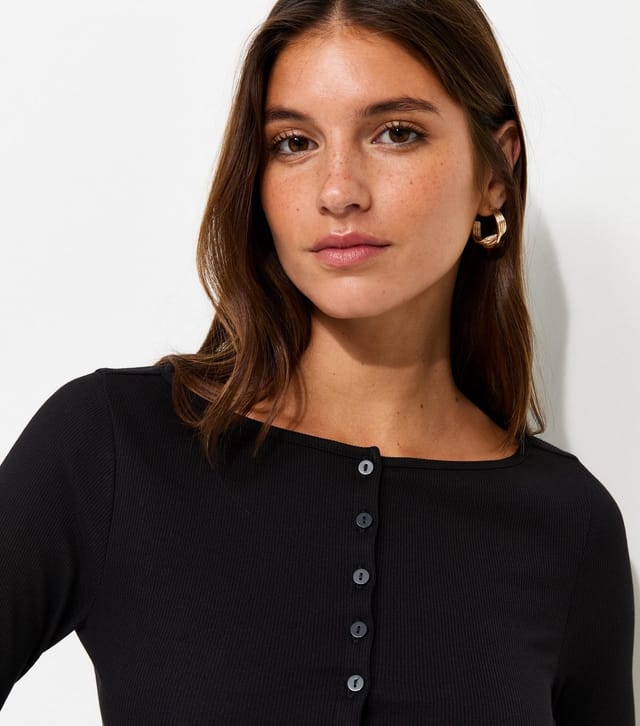 New Look Women's Black Rib Button Through Slash Neck Long Sleeve Top New Look - 3
