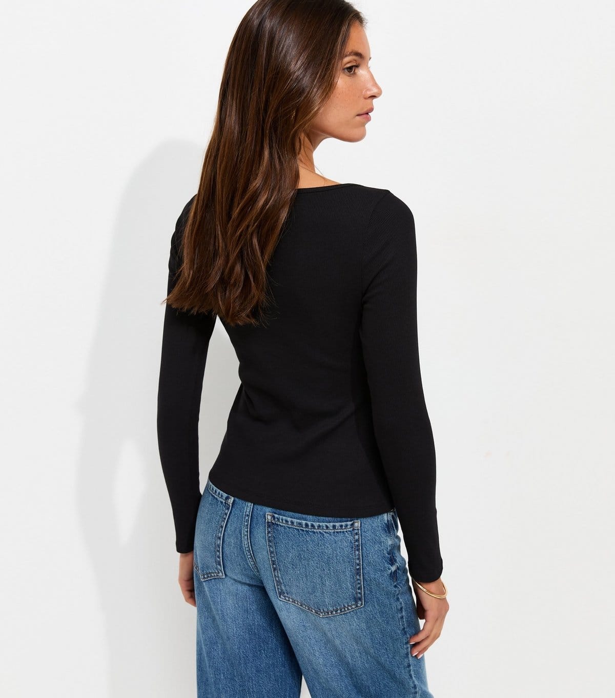 New Look Women's Black Rib Button Through Slash Neck Long Sleeve Top New Look - 4