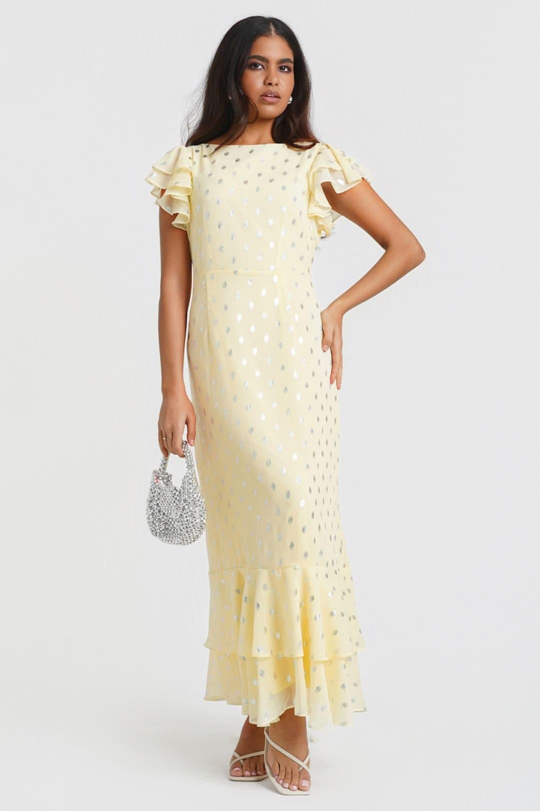 Needs No Label Needs No Label Women's Lemon Flutter Sleeve Foil Midaxi Dress