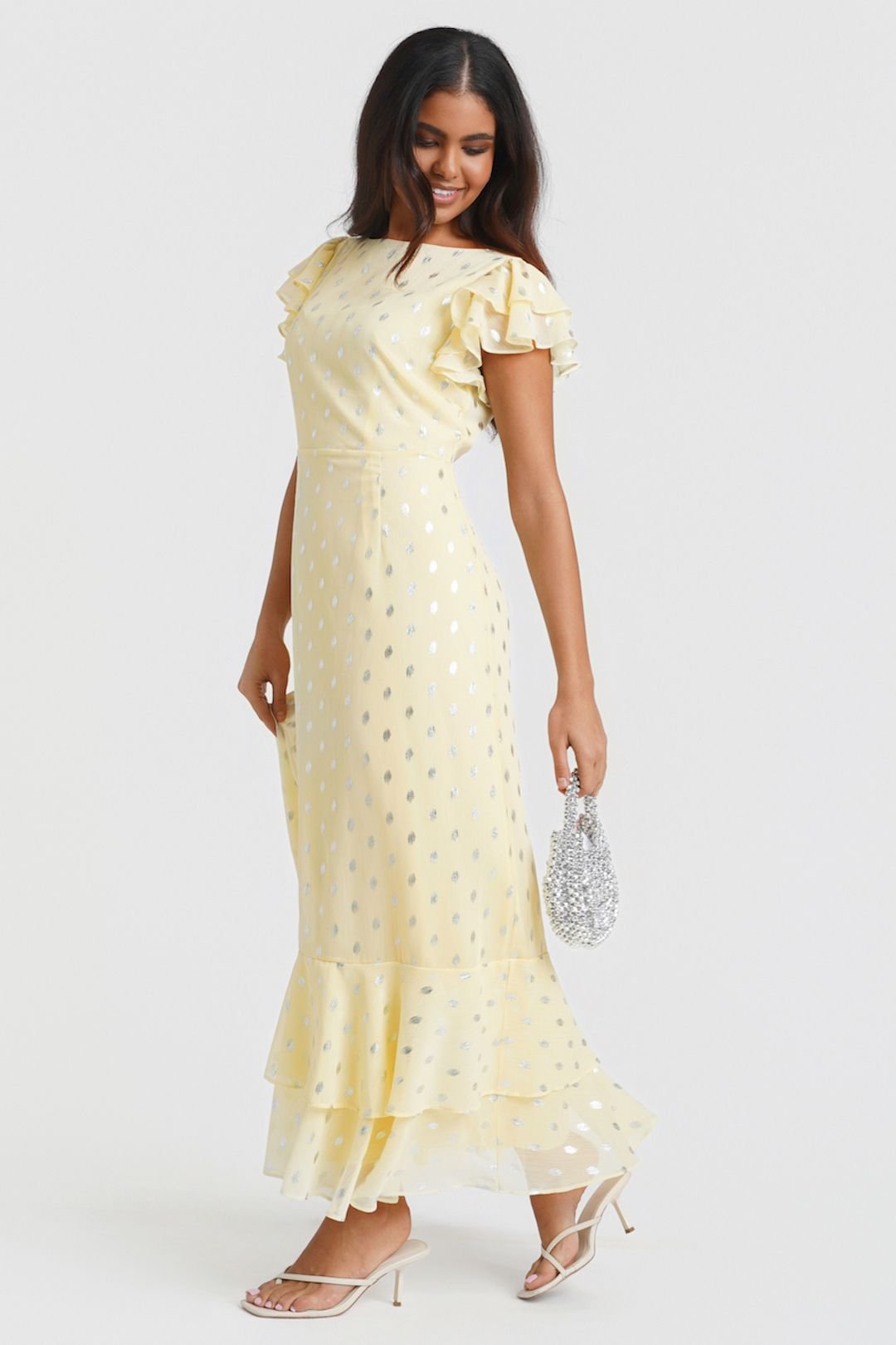 Needs No Label Needs No Label Women's Lemon Flutter Sleeve Foil Midaxi Dress - 2
