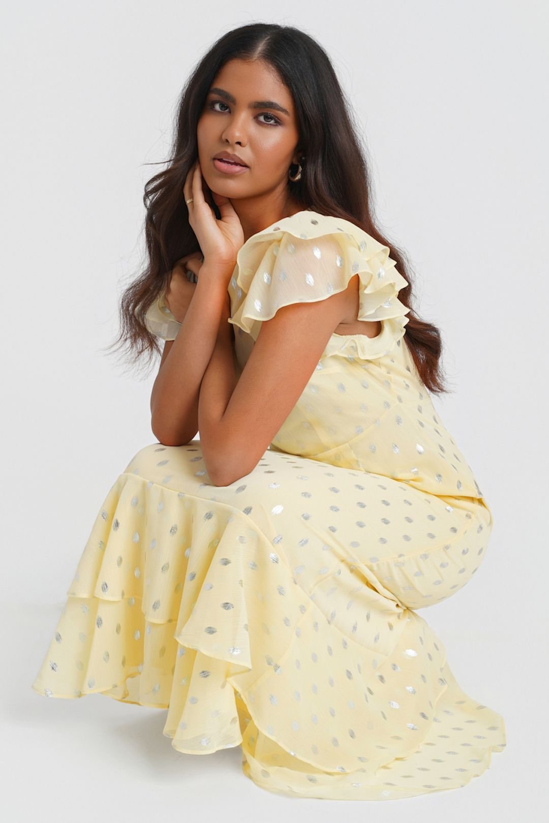 Needs No Label Needs No Label Women's Lemon Flutter Sleeve Foil Midaxi Dress - 3