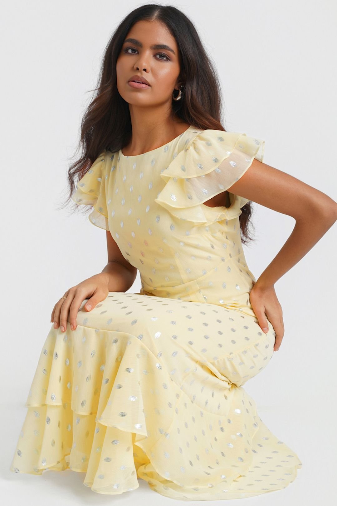 Needs No Label Needs No Label Women's Lemon Flutter Sleeve Foil Midaxi Dress - 4