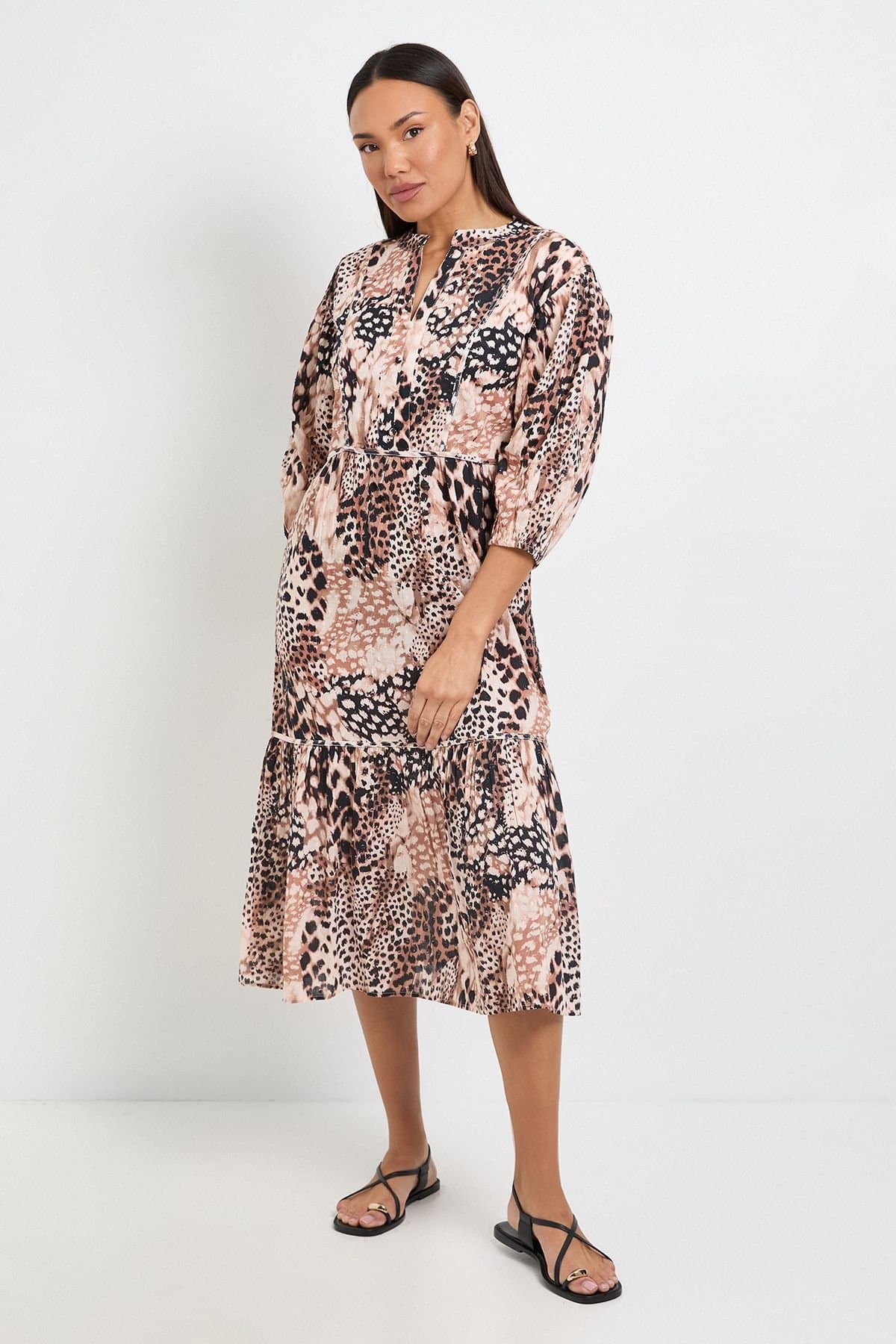 Wallis Wallis Women's Summer Cotton Animal Midi Dress in Brown