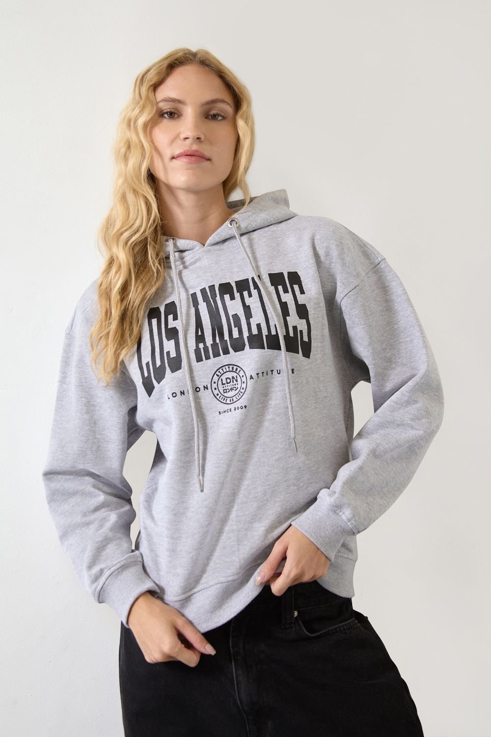 LONDON ATTITUDE LONDON ATTITUDE Women's Relaxed Fit "Los Angeles" Printed Hoodie Grey in Light Grey - 3