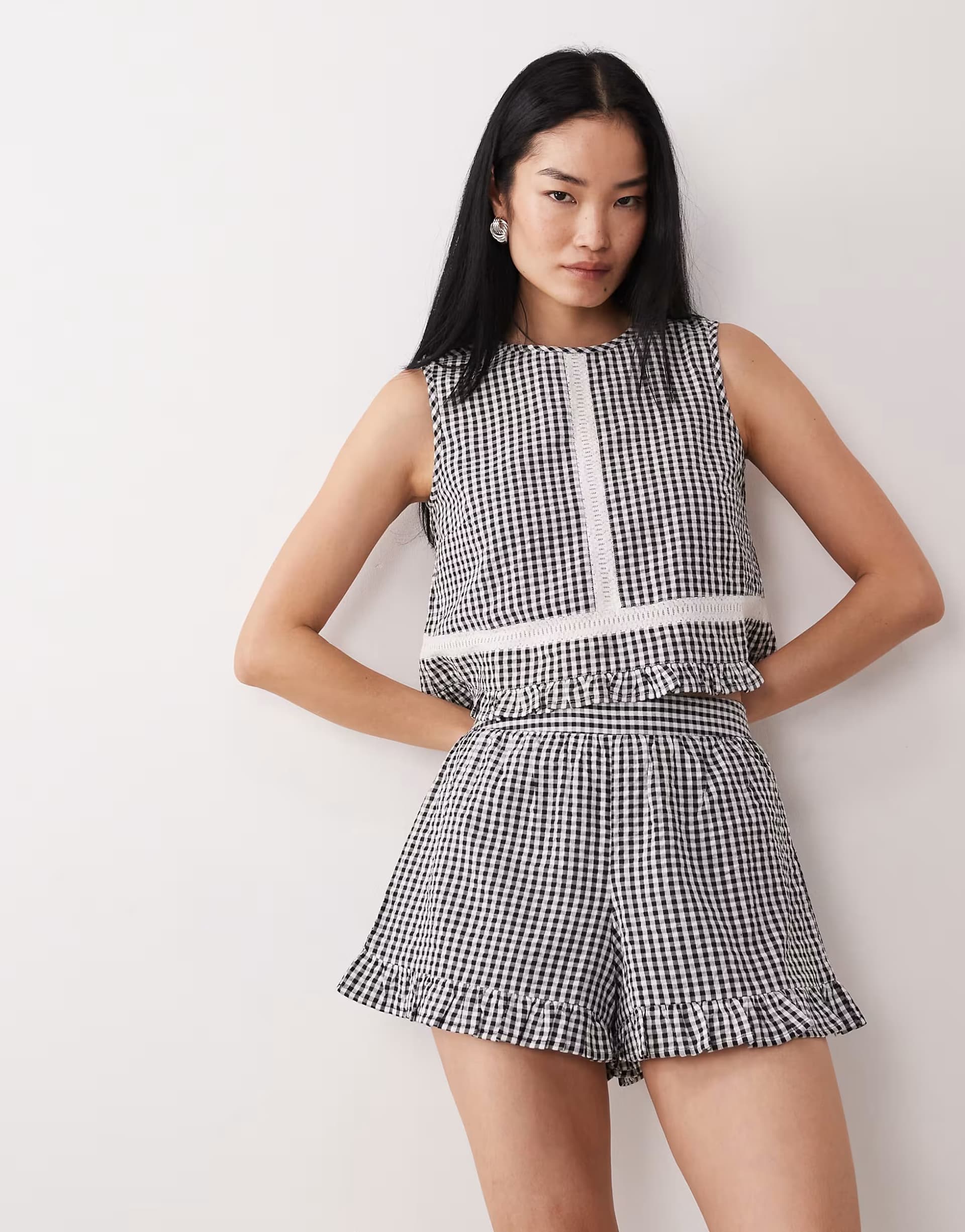 ASOS Wednesday's Girl co-ord ruffle edged shorts in black gingham