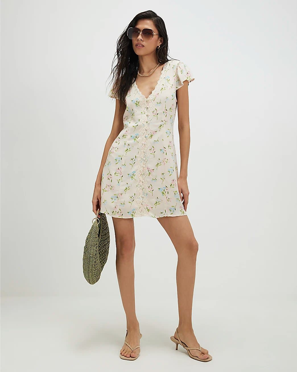 River Island River Island Womens Cream Lace Trim Floral Print Mini Dress