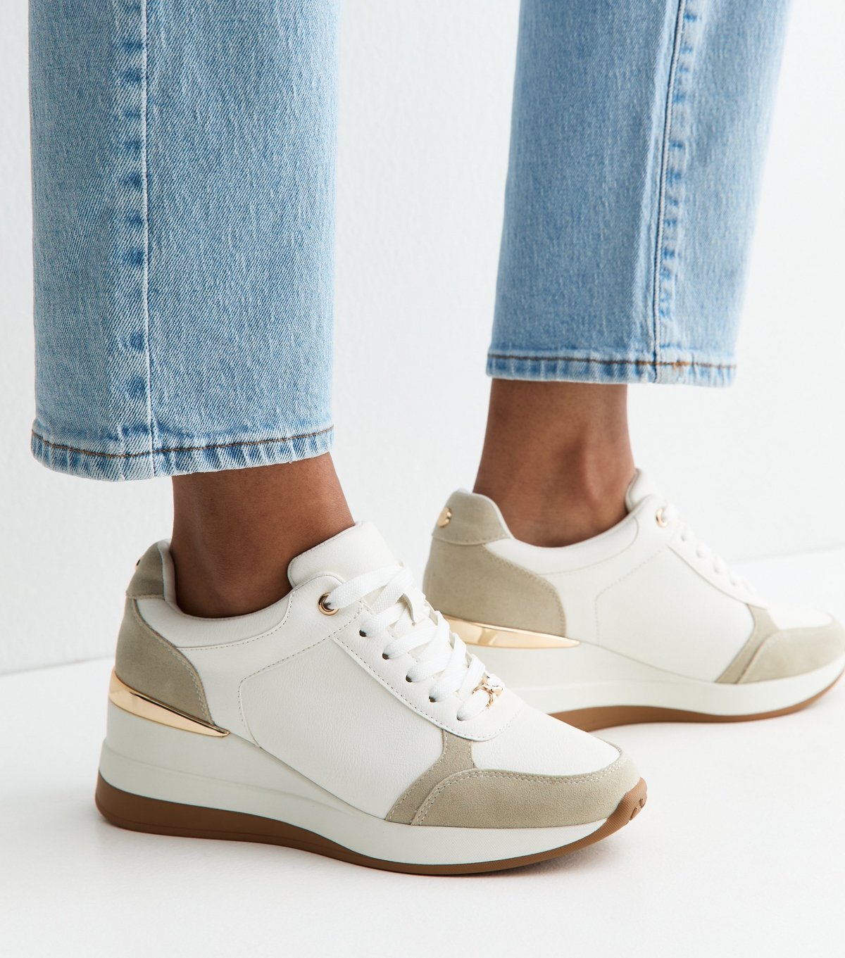 New Look Women's White Faux Leather Sports Wedge Trainers Vegan New Look - 3