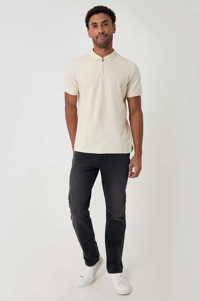 Threadbare Threadbare Men's Textured Cotton Quarter Zip Polo Shirt in Natural - 3