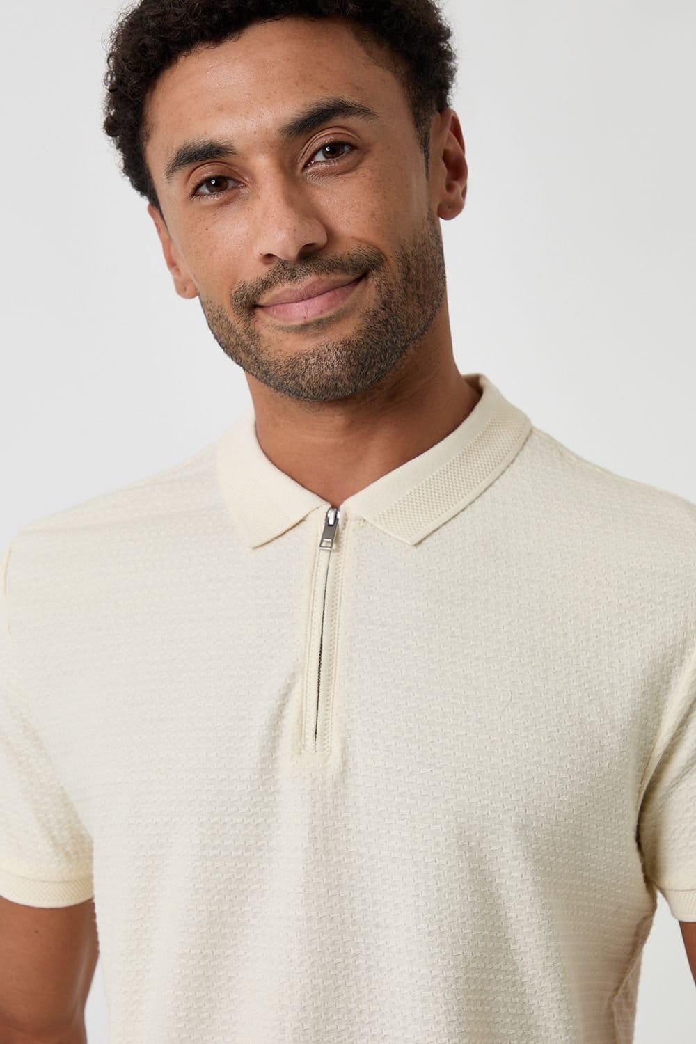 Threadbare Threadbare Men's Textured Cotton Quarter Zip Polo Shirt in Natural - 4