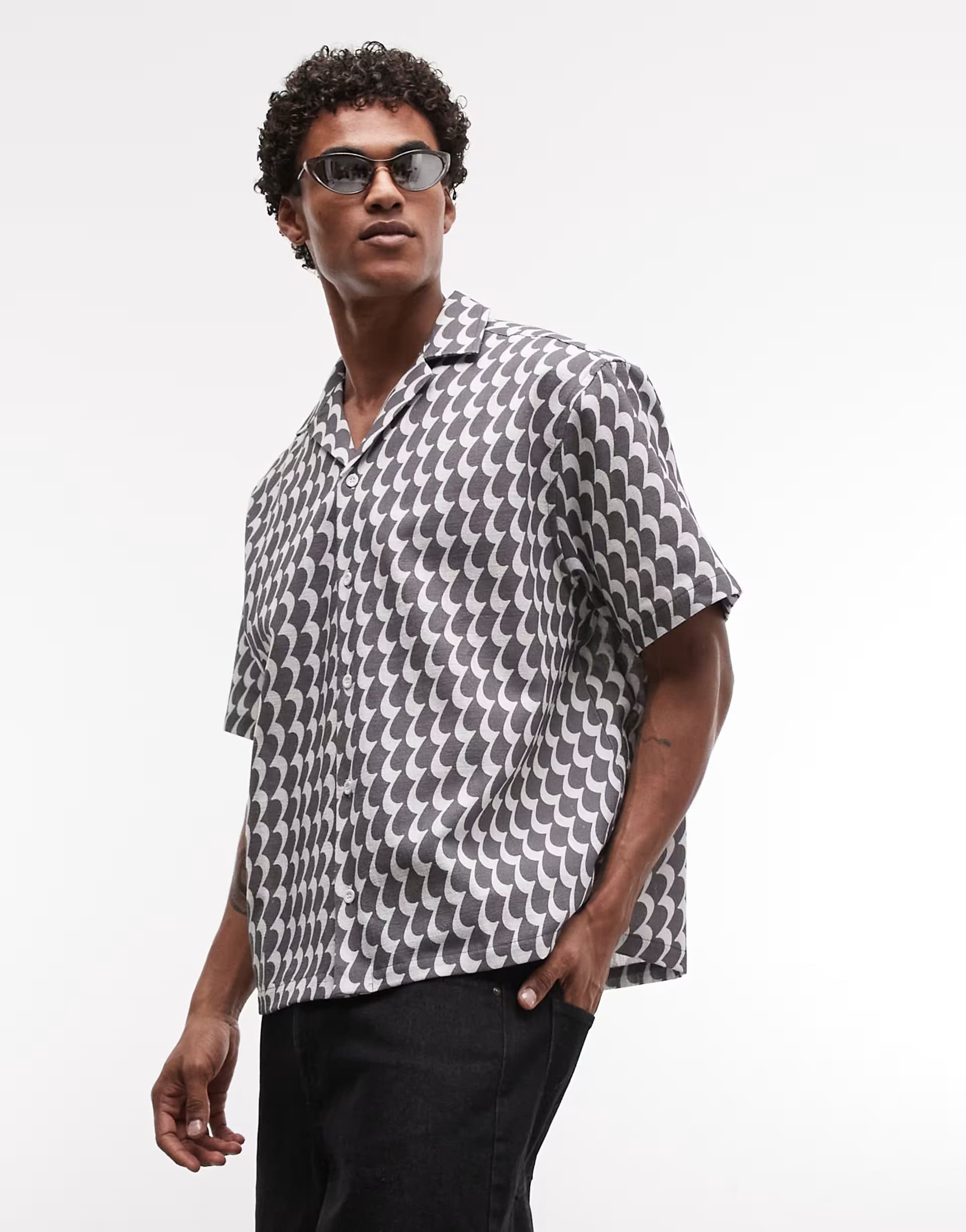 ASOS ASOS DESIGN oversized revere linen look shirt in geo print in black and white