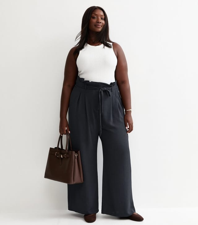 New Look Women's Plus Size Navy Paperbag Waist Wide Leg Trousers Curves New Look - 2