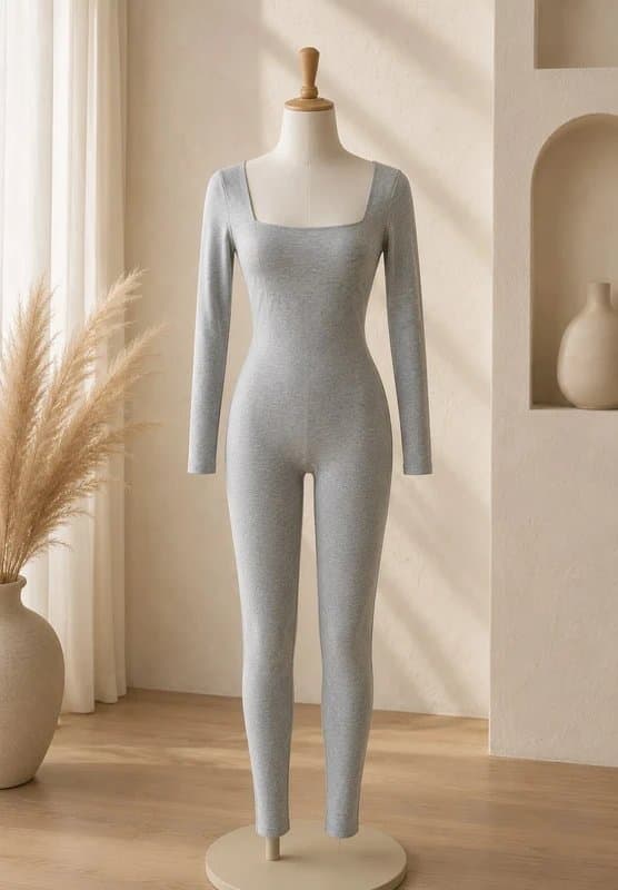 Oh Polly Oh Polly Square Neck Long Sleeve Jumpsuit Marled Grey
