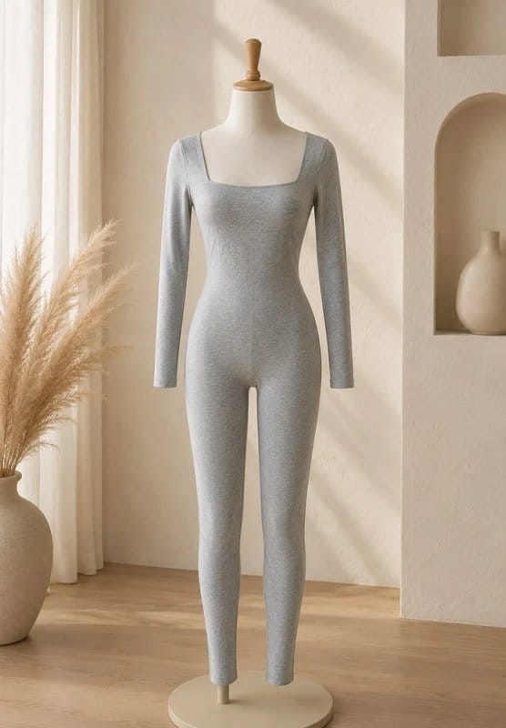 Oh Polly Square Neck Long Sleeve Jumpsuit Marled Grey
