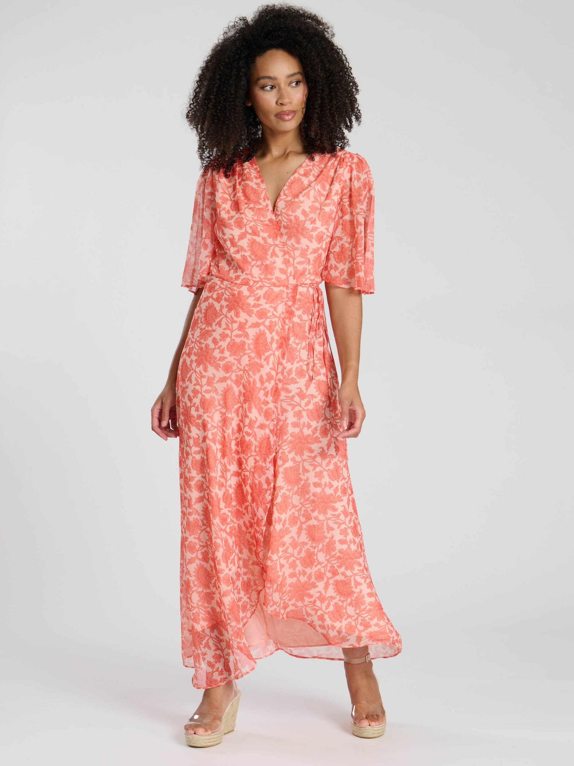 South Beach South Beach Women's Printed Short Sleeve Wrap Midi Dress in Coral