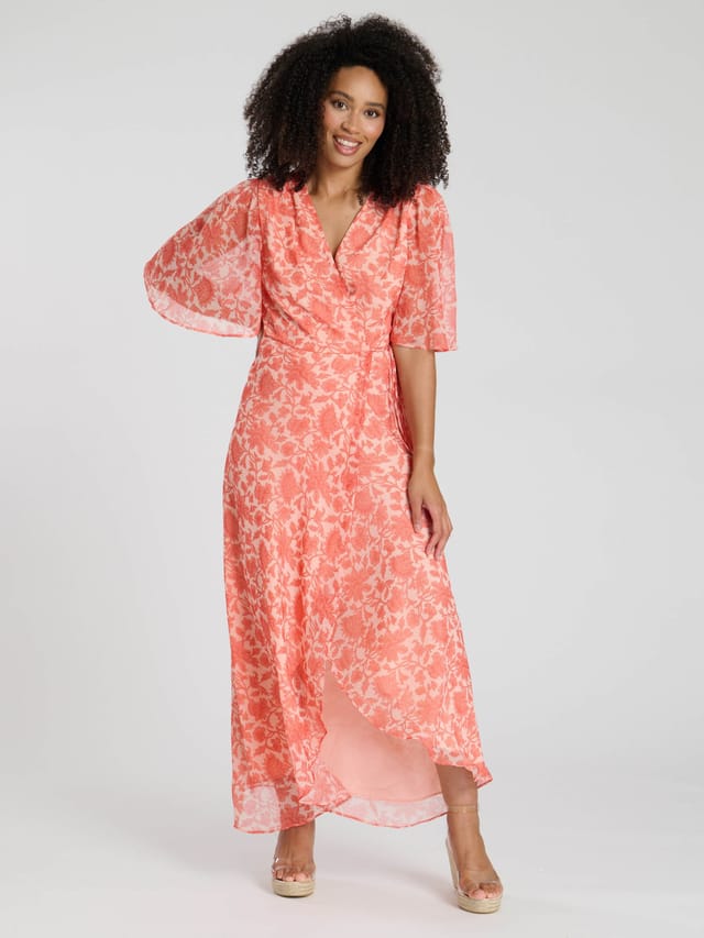 South Beach South Beach Women's Printed Short Sleeve Wrap Midi Dress in Coral - 2