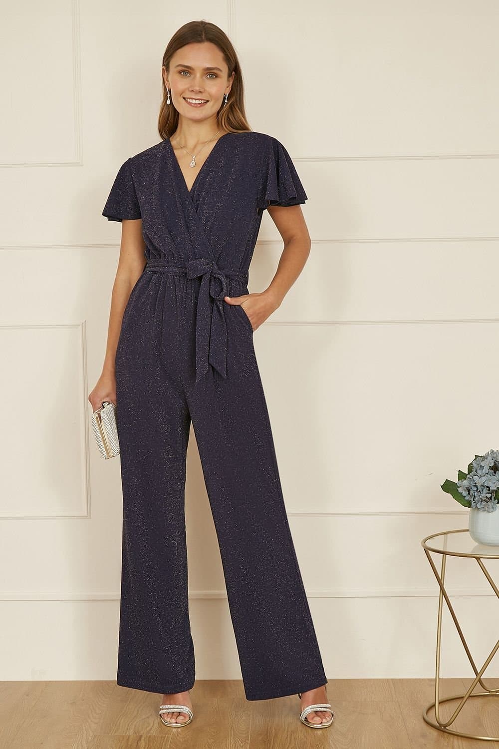 Yumi Yumi Women's Navy Sparkle Stretch Wrap Over Jumpsuit