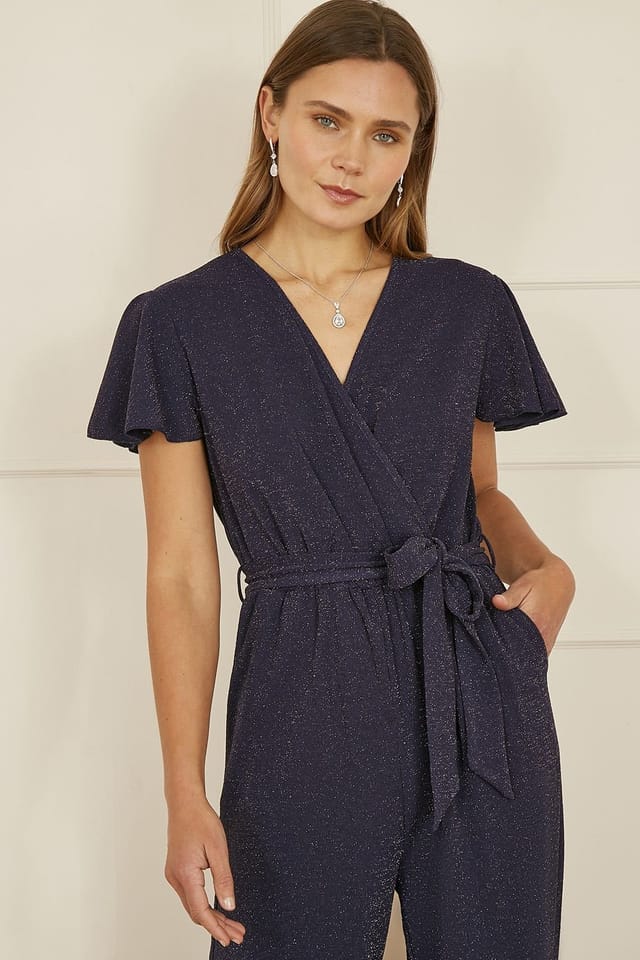Yumi Yumi Women's Navy Sparkle Stretch Wrap Over Jumpsuit - 2