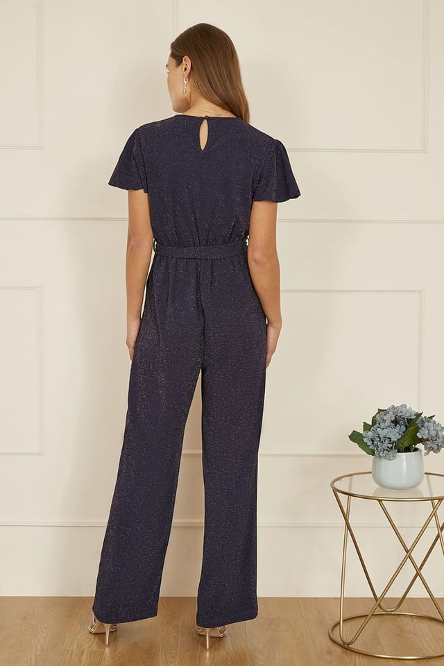 Yumi Yumi Women's Navy Sparkle Stretch Wrap Over Jumpsuit - 3