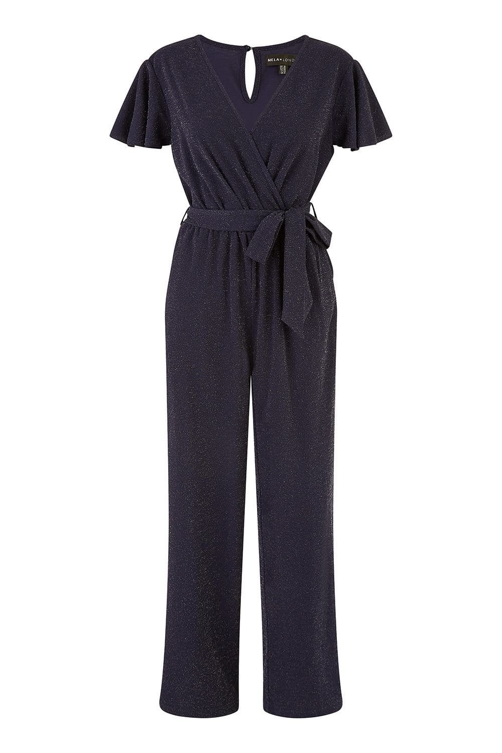 Yumi Yumi Women's Navy Sparkle Stretch Wrap Over Jumpsuit - 4