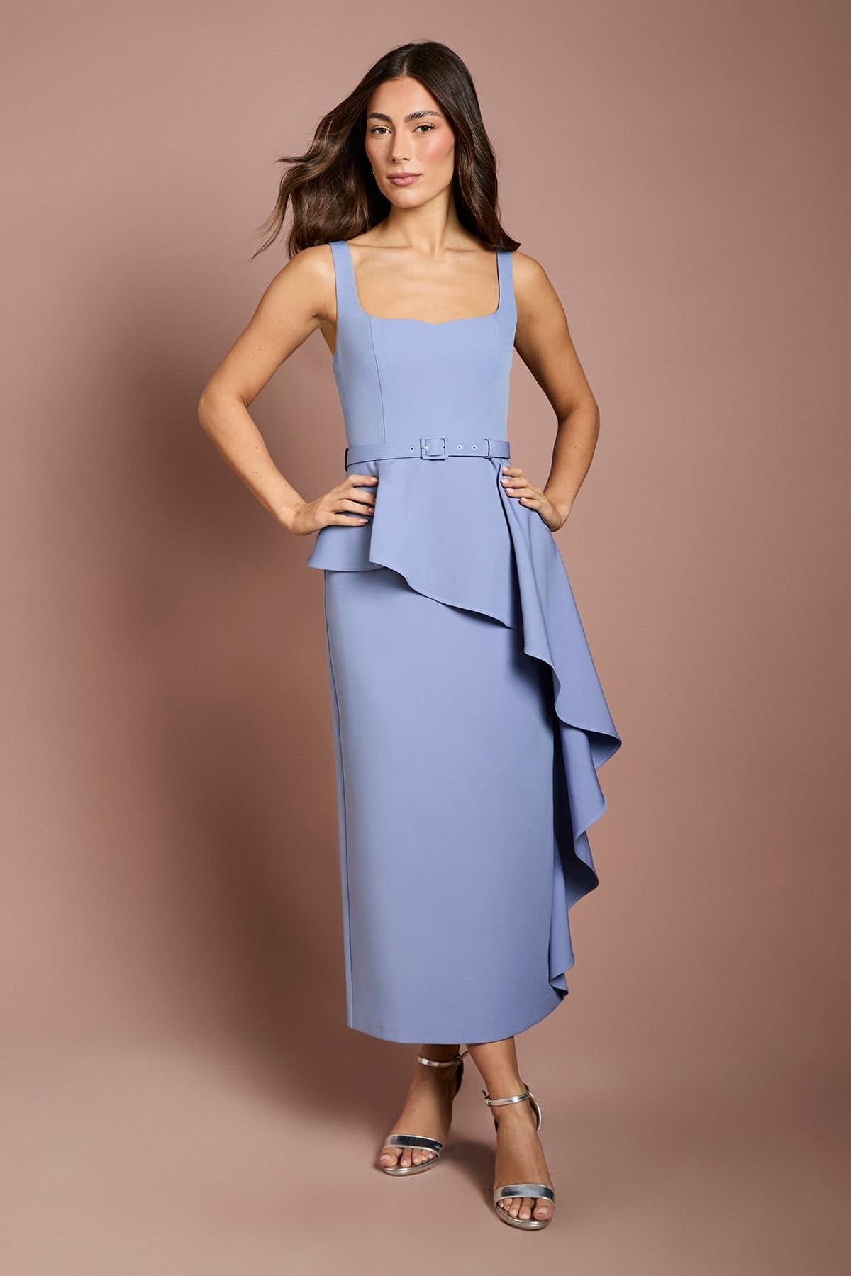 Coast Coast Women's Crepe Belted Ruffle Skirt Pencil Dress in Slate Blue