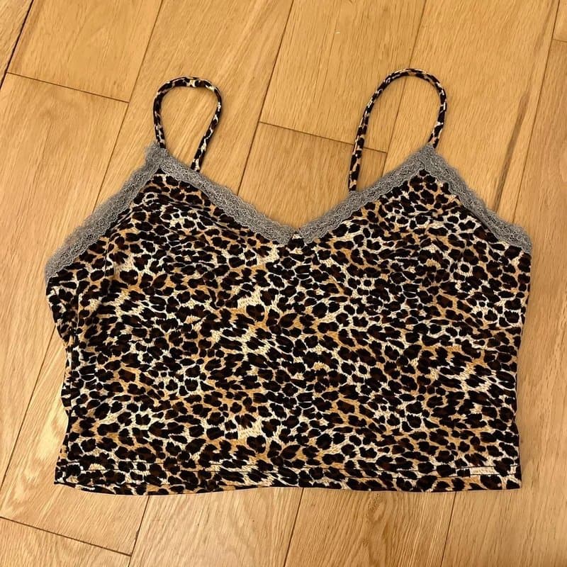 ASOS Leopard Print Lace Trim Cami Top UK M Y2K Animal Print Crop