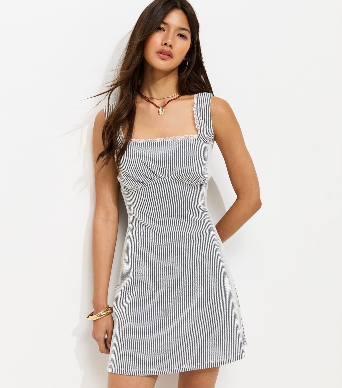 New Look Women's Blue Striped Textured Square Neck Mini Dress New Look
