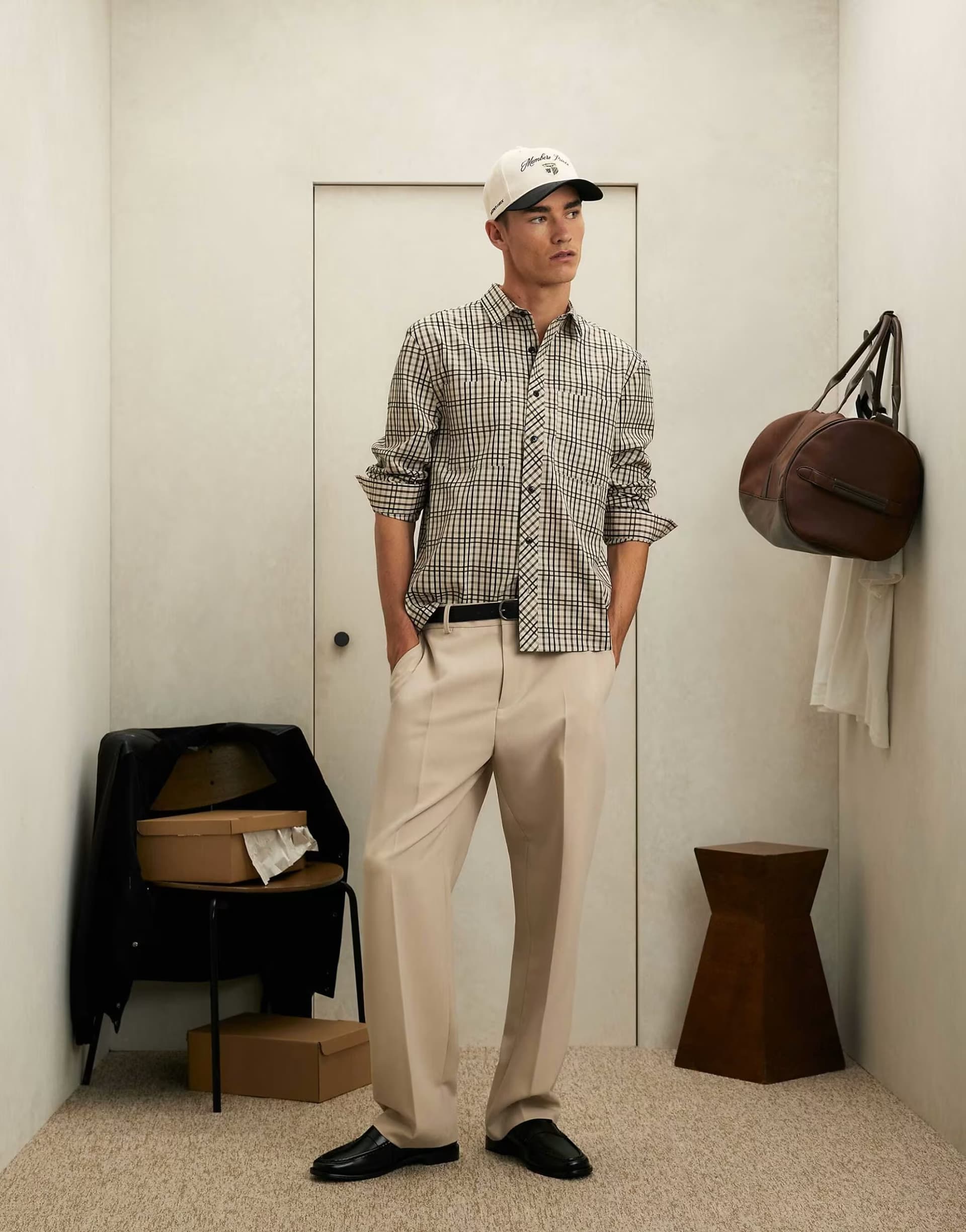 ASOS River Island Check long sleeve shirt in stone
