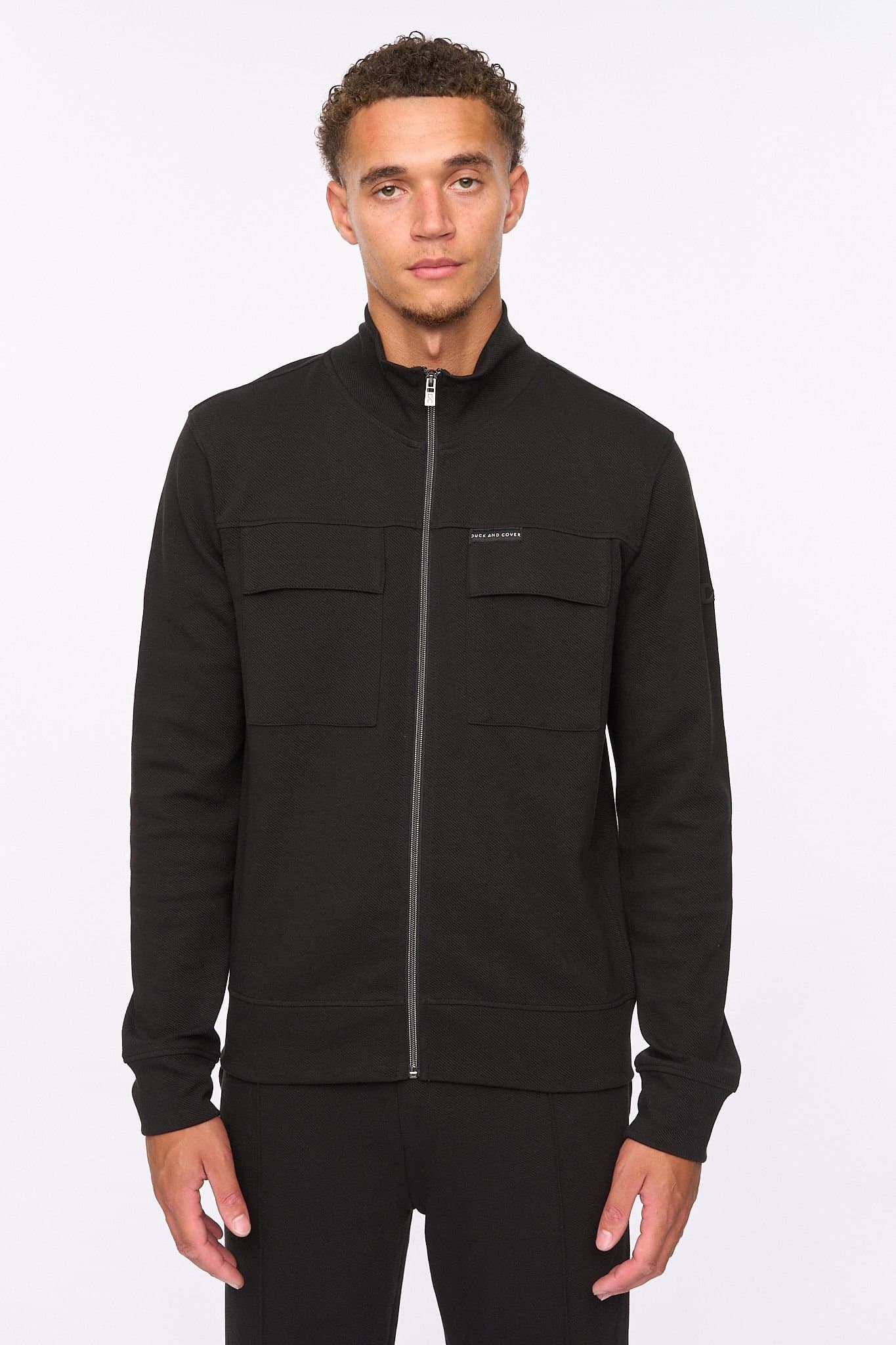 Duck&Cover Duck&Cover Tames Men's Textured Twill Zip-Through Top - High Neck Utility Jacket with Front Flap Pockets in Black