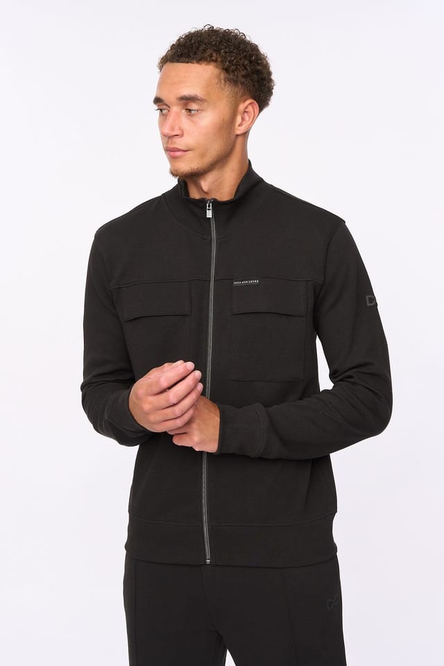 Duck&Cover Duck&Cover Tames Men's Textured Twill Zip-Through Top - High Neck Utility Jacket with Front Flap Pockets in Black - 3