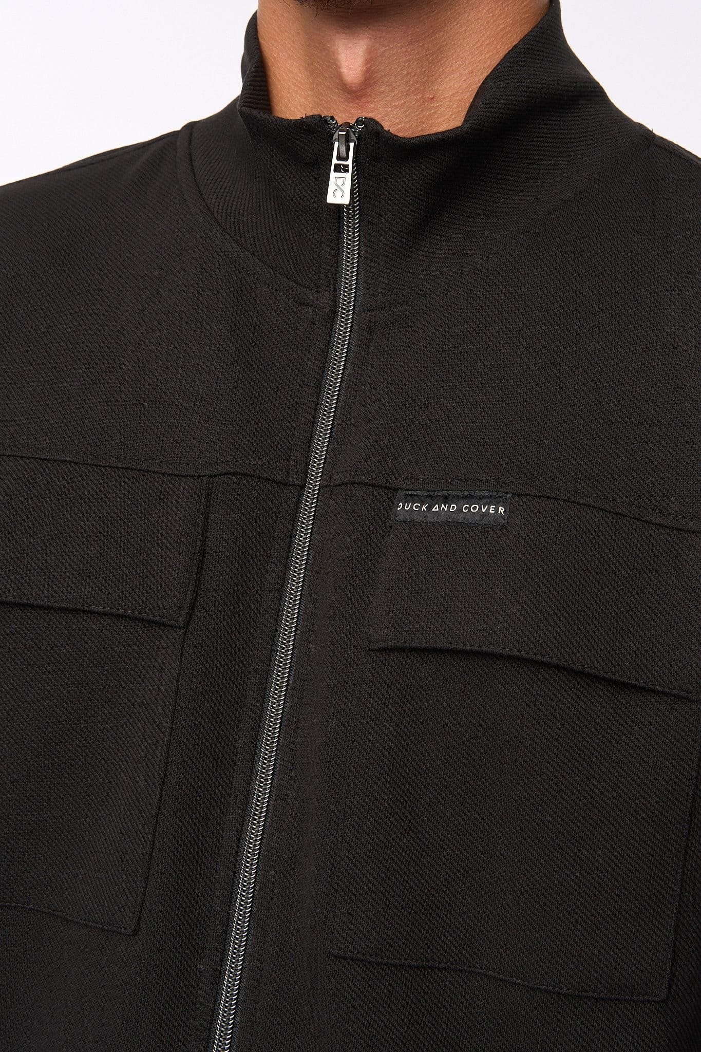 Duck&Cover Duck&Cover Tames Men's Textured Twill Zip-Through Top - High Neck Utility Jacket with Front Flap Pockets in Black - 4