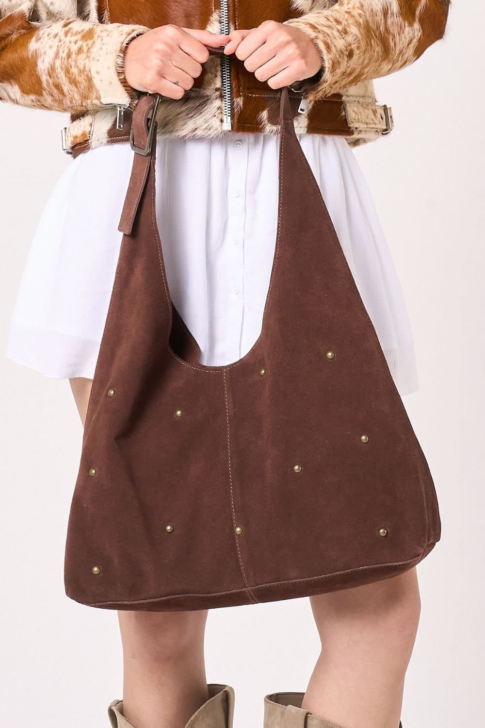 Barneys Originals Barneys Originals Brown Suede Shoulder Bag With Studs