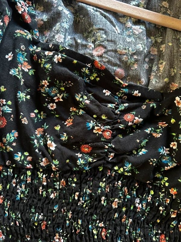 Bershka Bershka Floral Milkmaid Crop Top in Black with poof sleeves