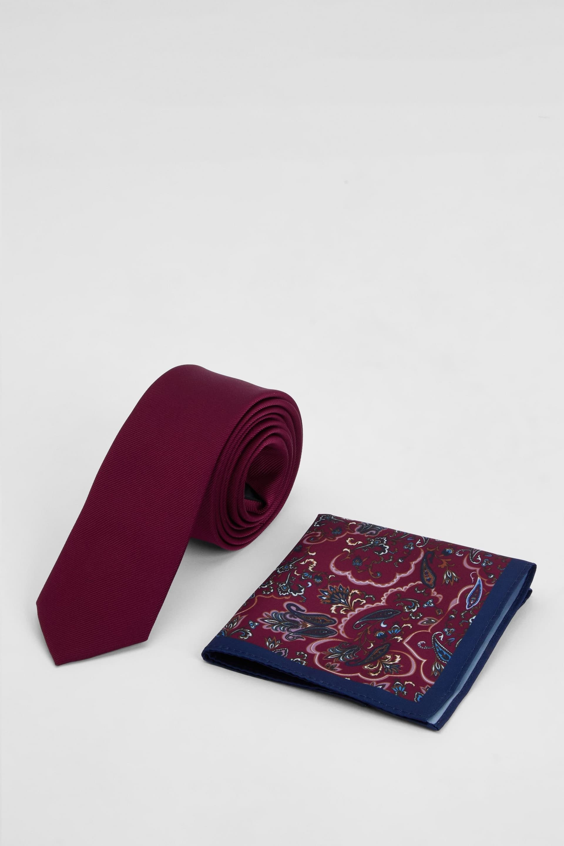 Burton Burton Men's Burgundy Plain Tie & Paisley Pocket Square