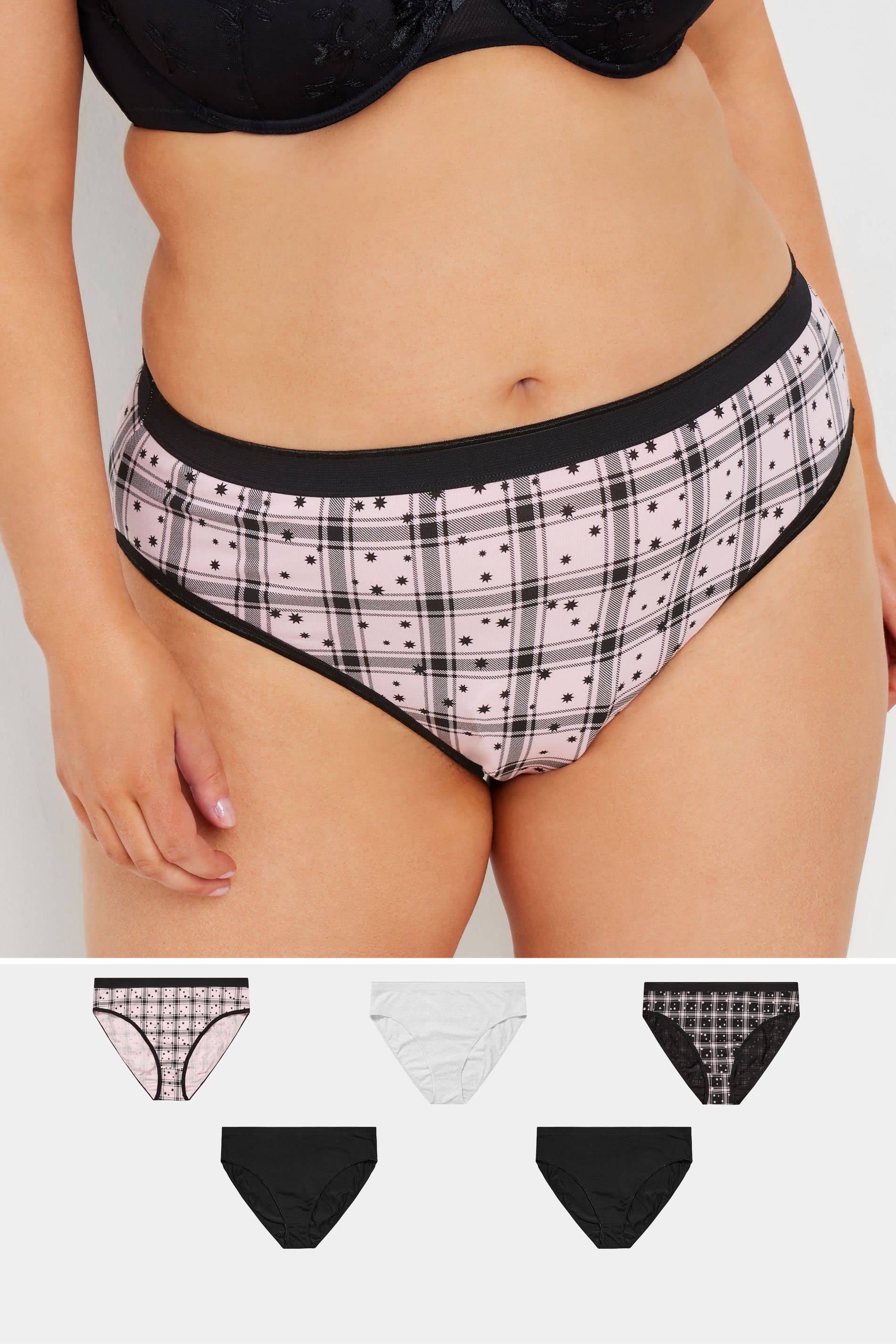 Yours 5 Pack Plus Size Black & Pink Check Print High Leg Knickers