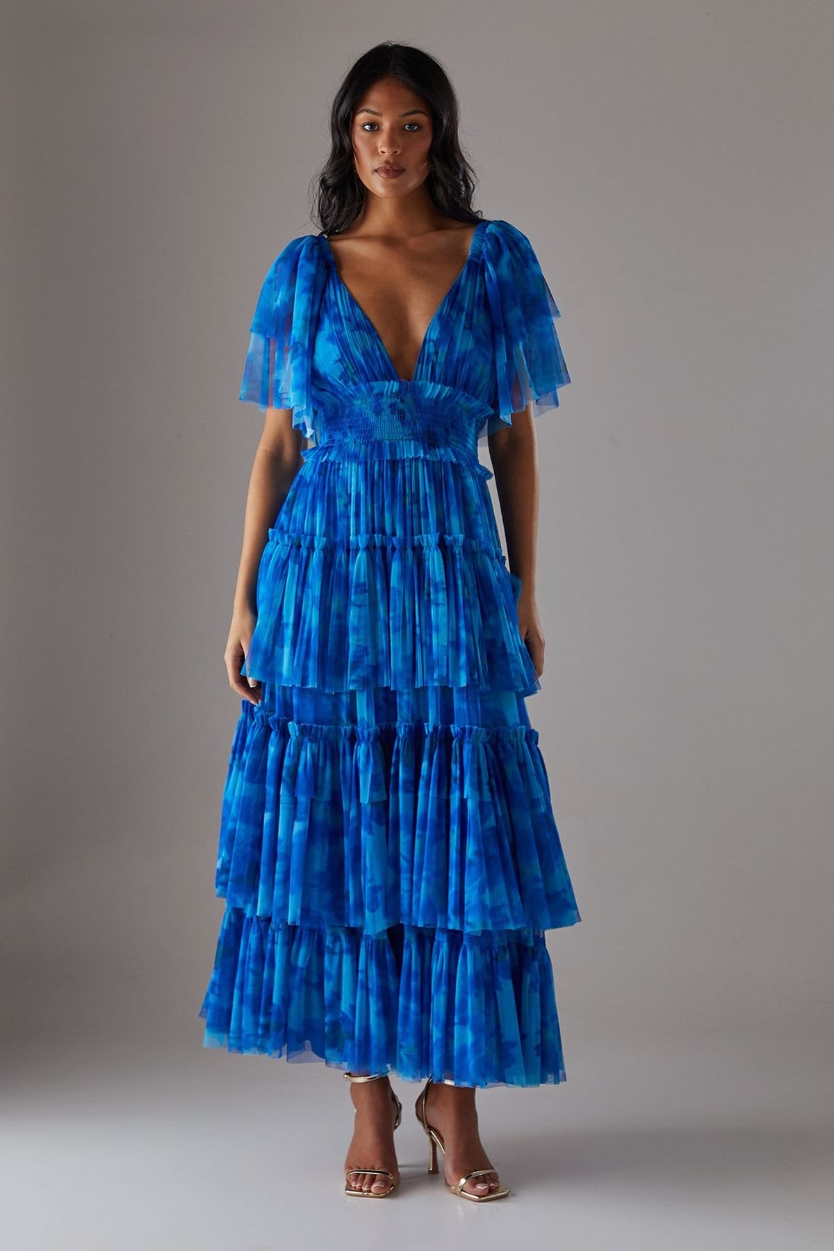 Warehouse Blue Tulle Floral Plunge Neck Flutter Sleeve Maxi Dress