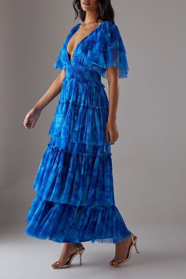Warehouse Warehouse Women's Tulle Floral Plunge Neck Flutter Sleeve Tier Maxi Dress in Blue - 2