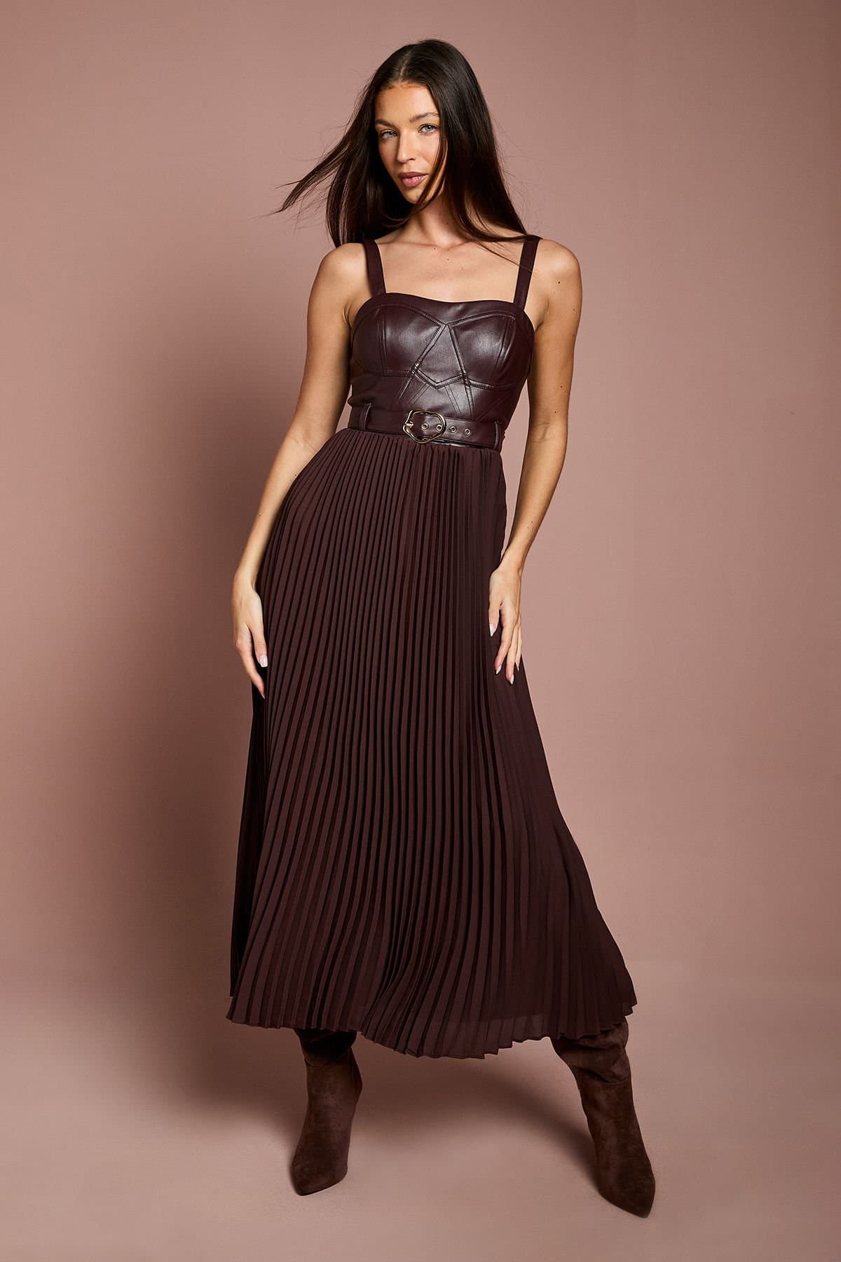 Coast Coast Women's Strappy PU Pleat Skirt Midi Dress With Belt in Brown