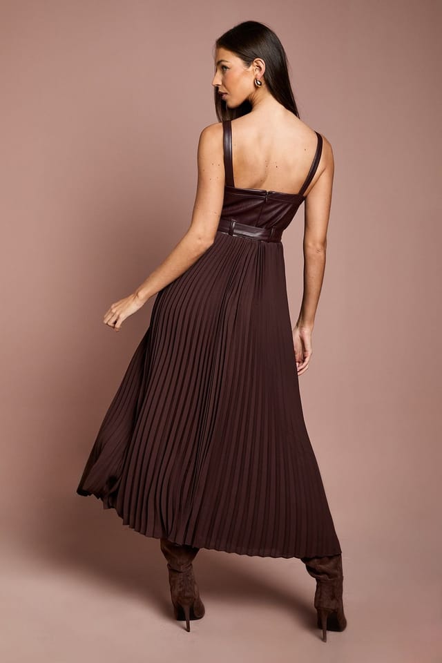 Coast Coast Women's Strappy PU Pleat Skirt Midi Dress With Belt in Brown - 3