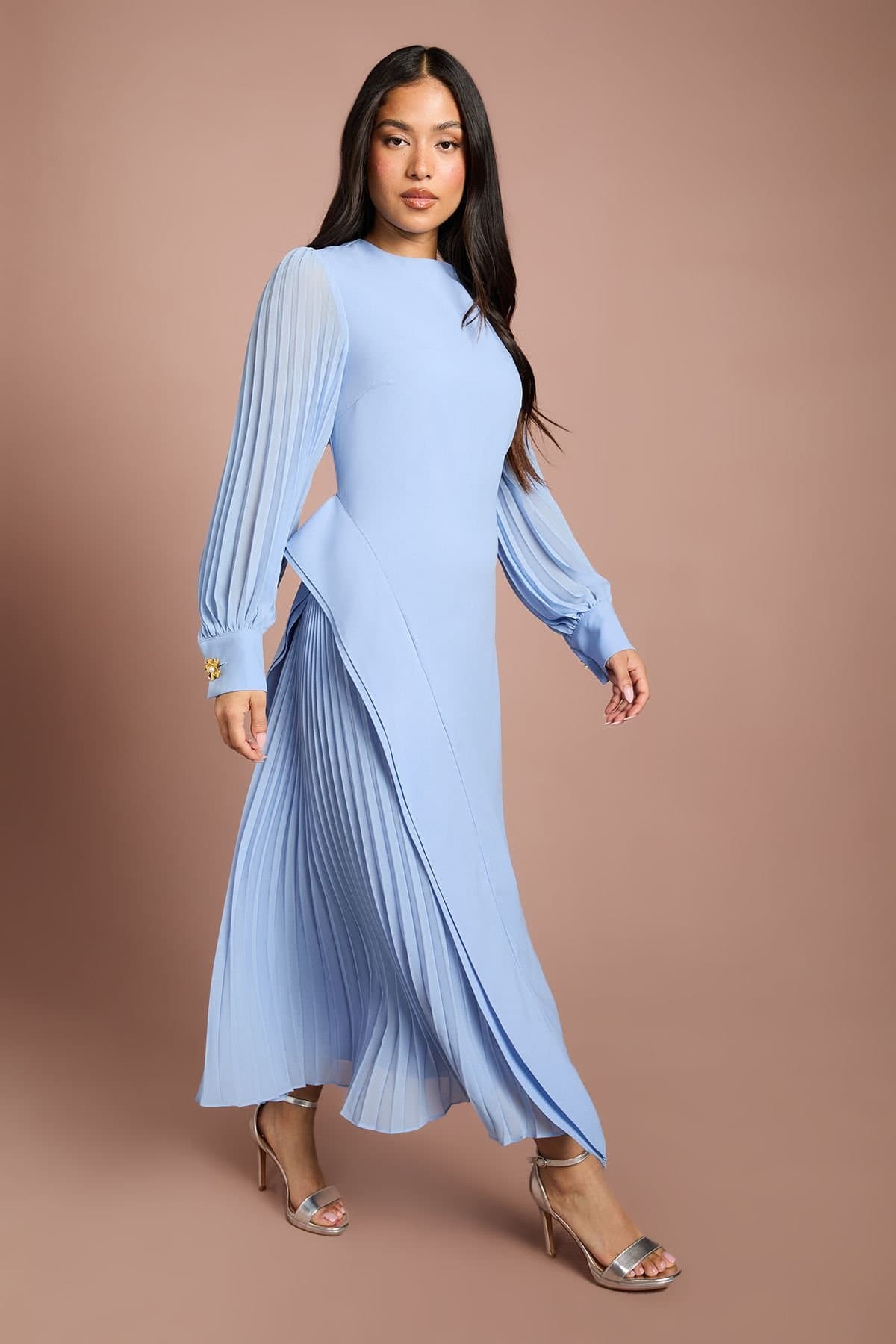 Coast Coast Women's Petite Long Sleeve Pleated Crepe Midaxi Dress in Light Blue
